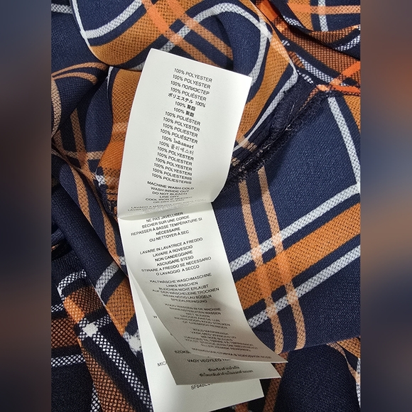 Michael Kors Button Down Tie Neck Plaid Blouse Navy Blue Orange & White - Picture 10 of 11